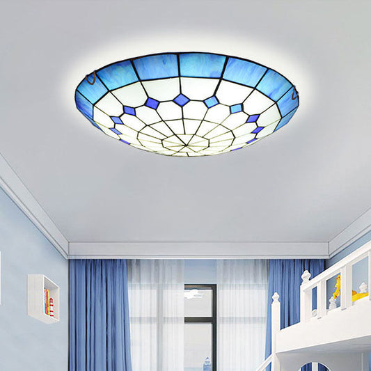 Traditional Tiffany Mediterranean Stained Glass Dome 2-Light Flush Mount Ceiling Light For Hallway