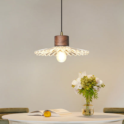 Traditional Chinese Iron Walnut Glass Conic Umbrella-Shaped 1-Light Pendant Light For Dining Room