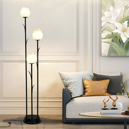Contemporary Scandinavian Cylinder Flower Iron Glass 3-Light Standing Floor Lamp For Living Room