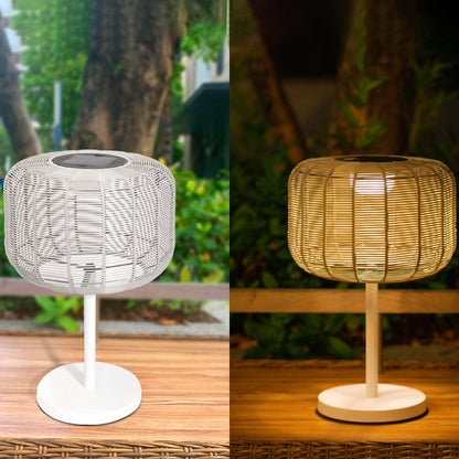 Contemporary Retro Solar Waterproof Weaving Rattan Metal Cylinder LED Landscape Lighting Outdoor Light For Outdoor Patio