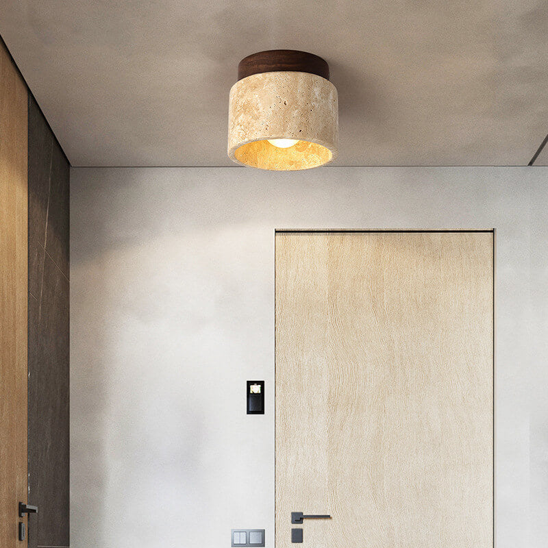 Traditional Vintage Round Travertine 1-Light Flush Mount Ceiling Light For Hallway
