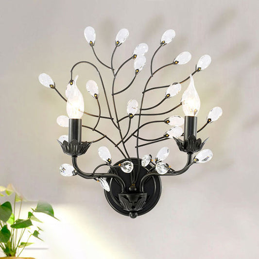 Traditional Vintage Iron Branches Crystal Decor 2-Light Wall Sconce Lamp For Living Room