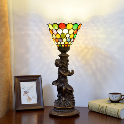 Traditional European Resin Glass Floral Round Boy 1-Light Table Lamp For Study