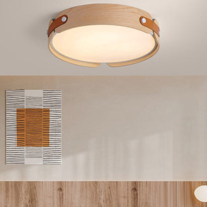 Modern Minimalist Solid Wood Round Leather Design LED Flush Mount Ceiling Light