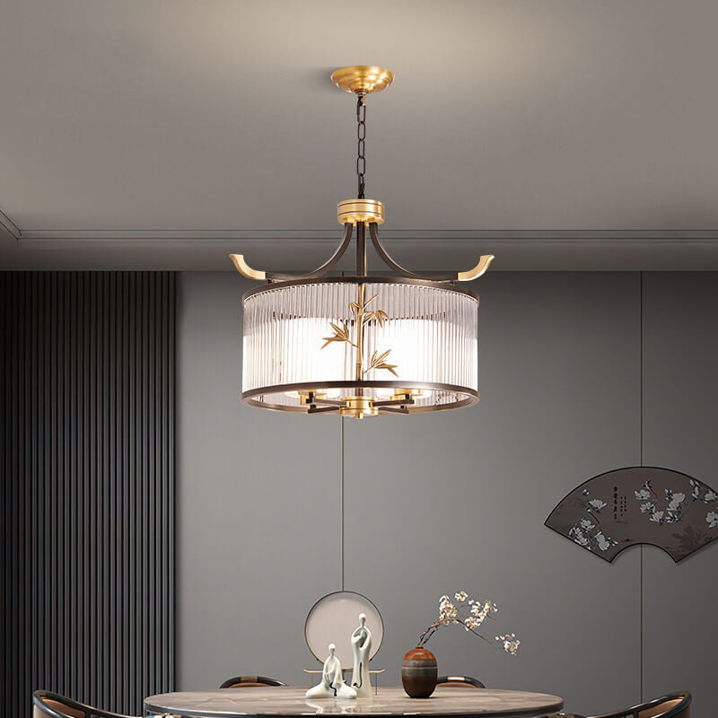 Traditional Chinese Copper Frame Ribbed Glass Cylinder Shade 4/6/8-Light Chandelier For Living Room