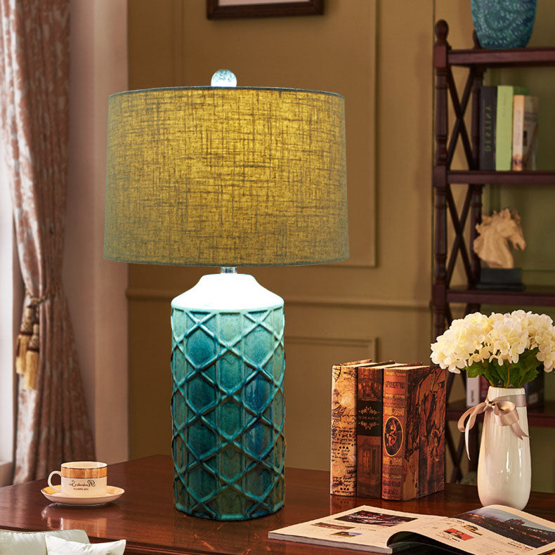 Traditional Vintage Cylinder Stripe Base Ceramic Fabric 1-Light Table Lamp For Bedroom