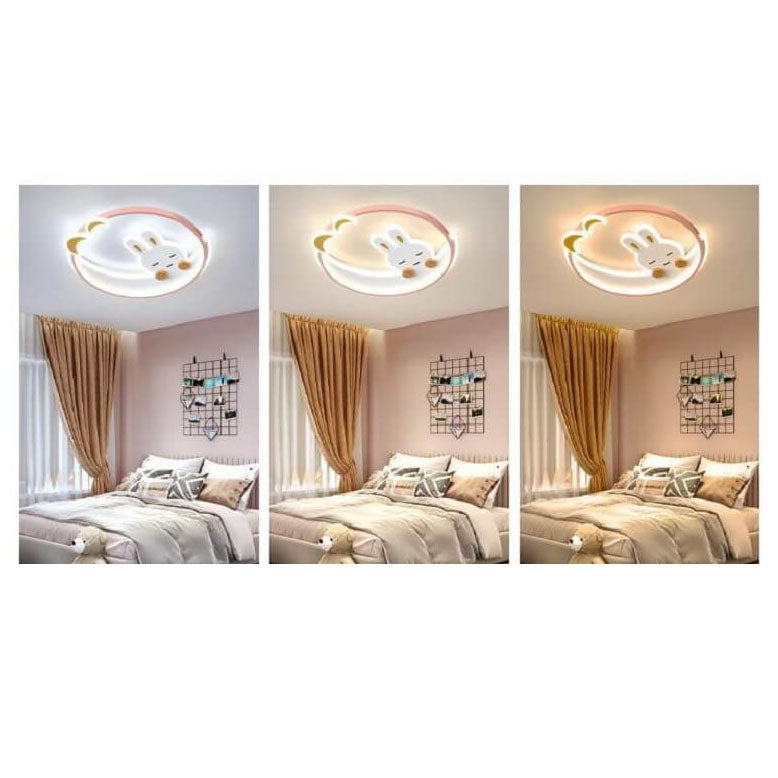 Modern Creative Cartoon Rabbit Iron Round LED Kids Flush Mount Ceiling Light