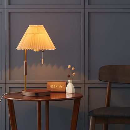 Modern Pleated Shade Walnut Wood Round Base 1-Light Table Lamp