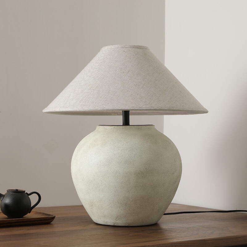 Wabi-sabi Modern Linen Fabric Cone Ceramic 1-Light Table Lamp