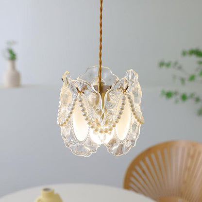 Modern Shabby Chic Pearl Decor Petal Crystal Shade 1-Light Pendant Light For Living Room