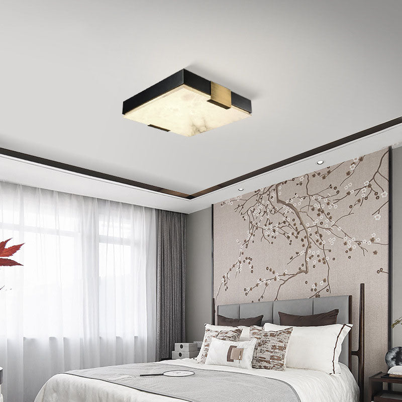 Traditional Chinese Square Marble Shade Brass Frame LED Flush Mount Ceiling Light For Living Room