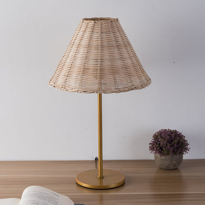 Contemporary Boho Round Trapezoidal Cylinder Base Rattan Metal 1-Light Table Lamp For Bedroom