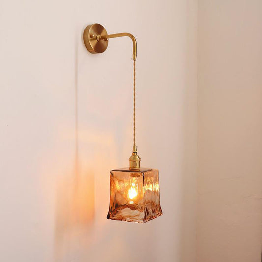 Modern Eclectic Amber Glass Geometric 1-Light Wall Sconce Lamp For Living Room