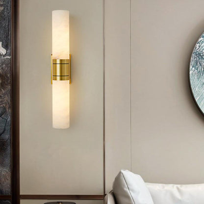 Modern Mid-Century Marble Column Copper 2-Light Wall Sconce Lamp For Living Room