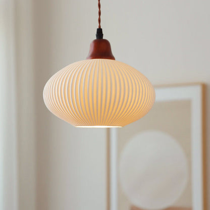 Japanese Vintage Pleated Ceramic Round Dome Wood 1-Light Pendant Light
