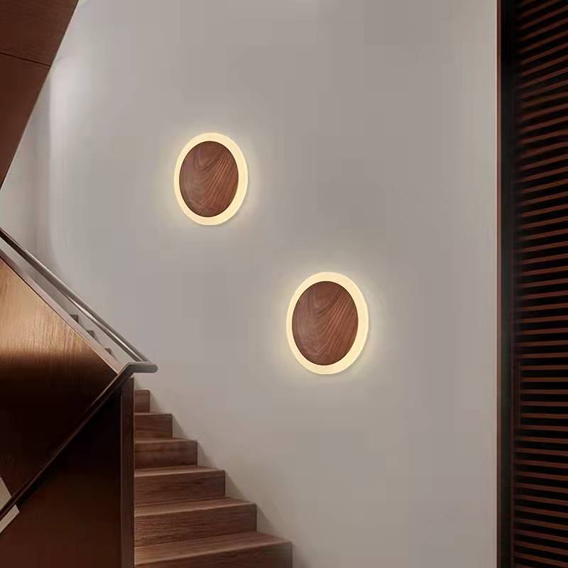 Traditional Japanese Black Walnut Round Shade LED Wall Sconce Lamp For Living Room