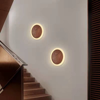 Traditional Japanese Black Walnut Round Shade LED Wall Sconce Lamp For Living Room