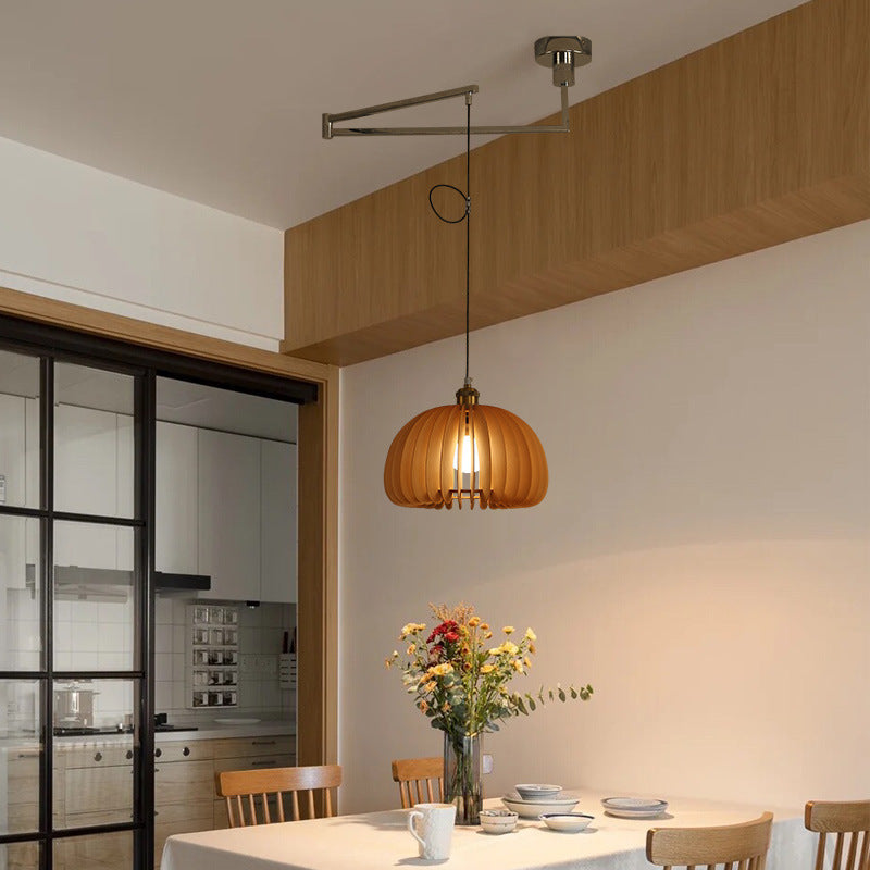 Traditional Vintage Wooden Pumpkin Shade Rocker Arm Telescopic 1-Light Pendant Light For Dining Room