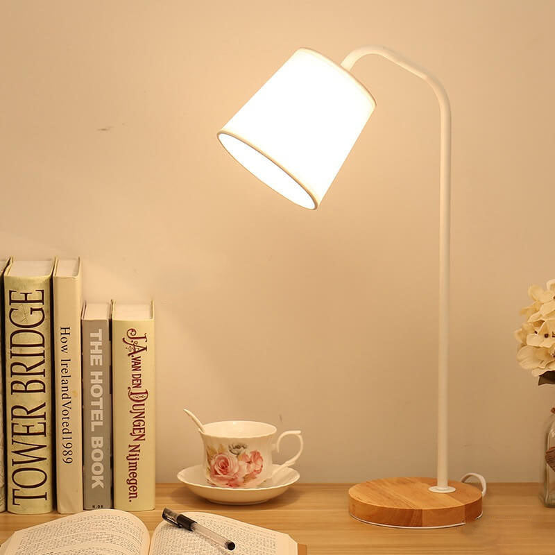 Simple Fabric Cone Shade Wood Base 1-Light Table Lamp