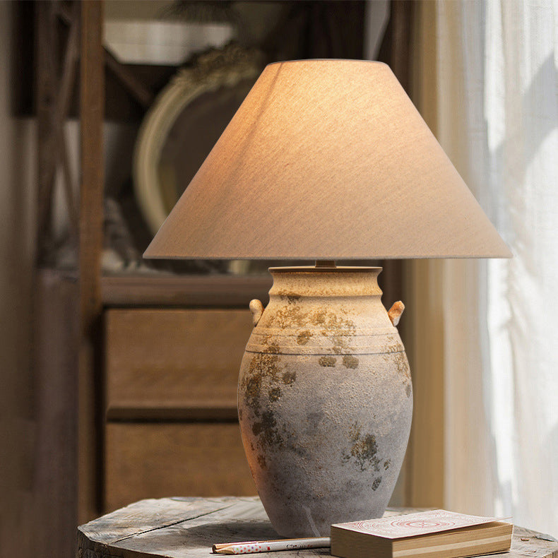 Traditional Vintage Ceramic Fabric Metal Conic Pot 1-Light Table Lamp For Bedside