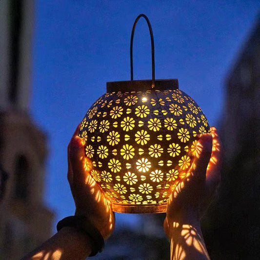 Modern Art Deco Solar Waterproof Portable Flower Round Lantern Iron LED Outdoor Light For Garden