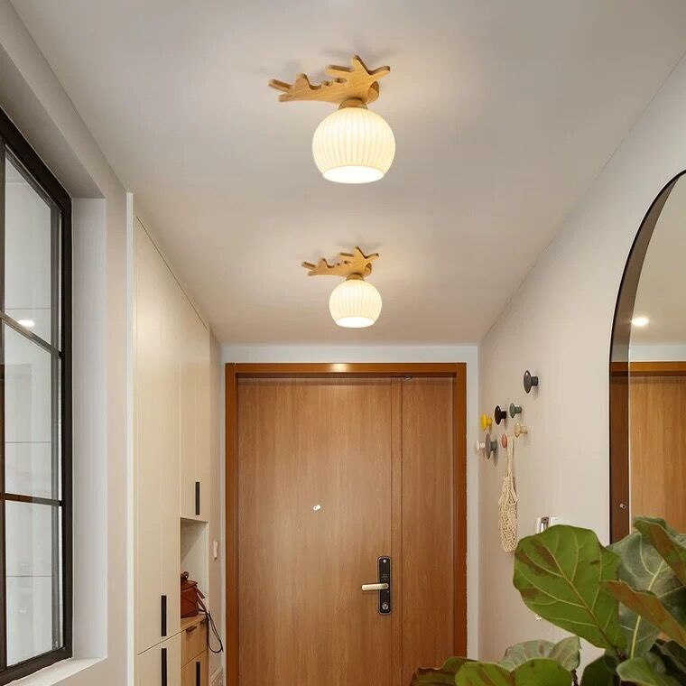 Nordic Simple Solid Wood Antler Glass Dome 1-Light Semi-Flush Mount Ceiling Light