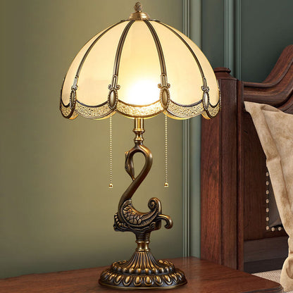 European Luxury Stained Glass Swan Base Copper 2-Light Table Lamp