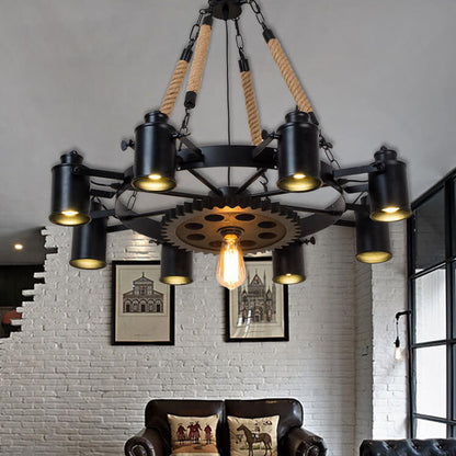 Industrial Retro Gear Wrought Ion Hemp Rope 6/8/10-Light Chandelier