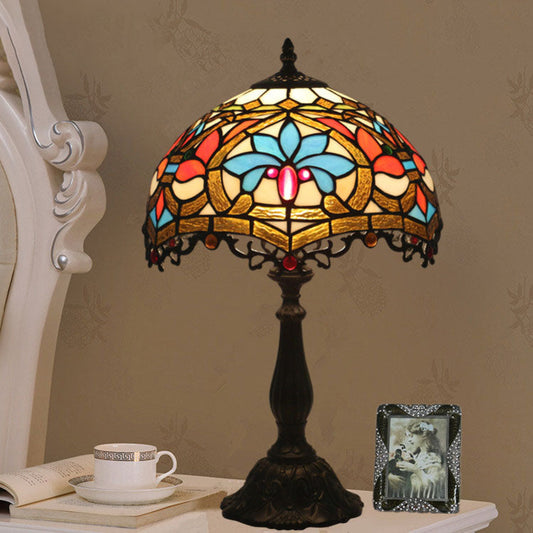 Traditional Tiffany Resin Zinc Alloy Glass Dome Bead 1-Light Table Lamp For Bedside