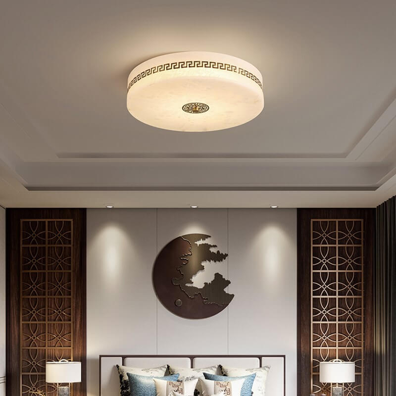Modern Chinese Marble Round Copper Texture LED Flush Mount Ceiling Light