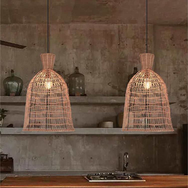 Traditional Japanese Round Bell Rattan Mesh Shade 1-Light Pendant Light For Living Room