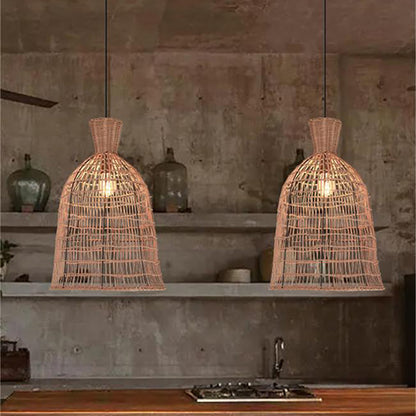 Traditional Japanese Round Bell Rattan Mesh Shade 1-Light Pendant Light For Living Room
