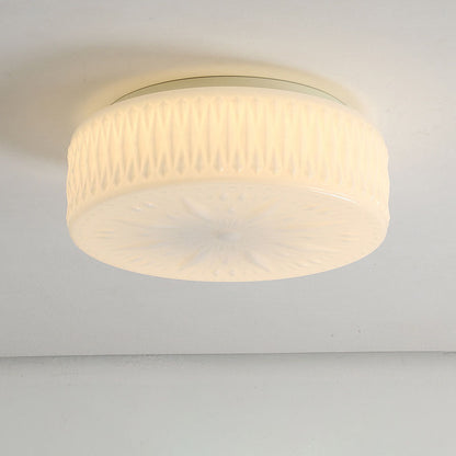 現代的なシンプルさを備えた円筒形の彫刻ガラスLEDフラッシュマウントシーリングライト（リビングルーム用） 