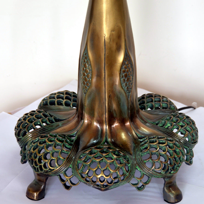 Traditional Tiffany Dragonfly Stained Glass Dome 3-Light Table Lamp For Study
