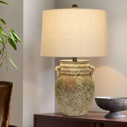 Traditional Vintage Round Vase Jar Base Ceramic Fabric 1-Light Table Lamp For Living Room