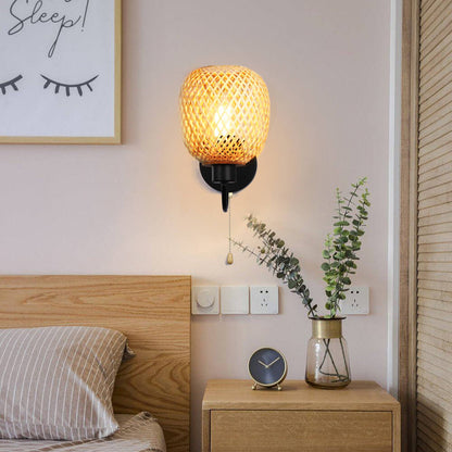 Traditional Chinese Iron Bamboo Woven Cage 1-Light Wall Sconce Lamp For Living Room