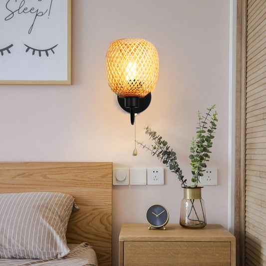 Traditional Chinese Iron Bamboo Woven Cage 1-Light Wall Sconce Lamp For Living Room