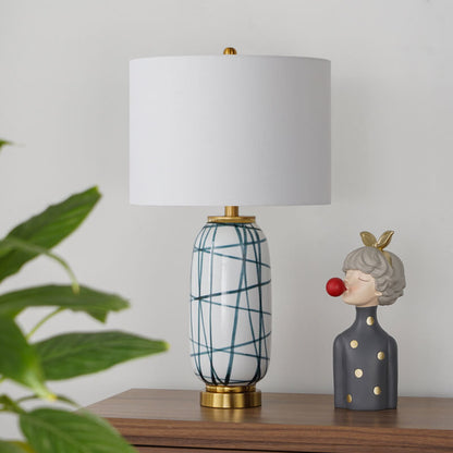 Nordic Light Luxury Green Striped Ceramic Drum Fabric 1-Light Table Lamp