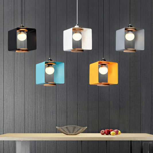 Nordic Creative Iron Solid Wood Square Geometry 1-Light Pendant Light