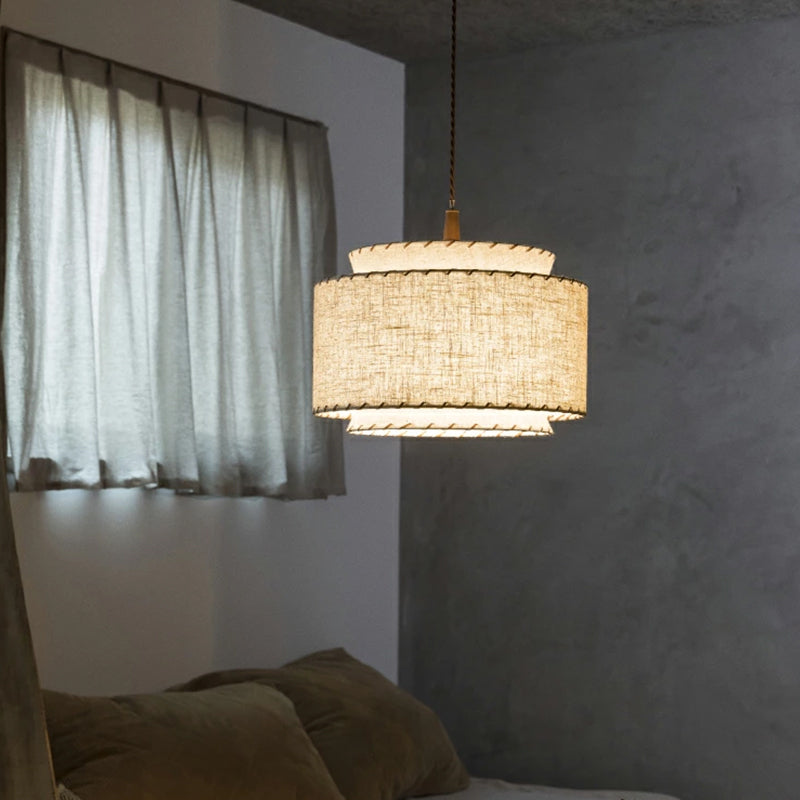 Contemporary Boho Double Cylinder Fabric Shade 1-Light Pendant Light For Living Room