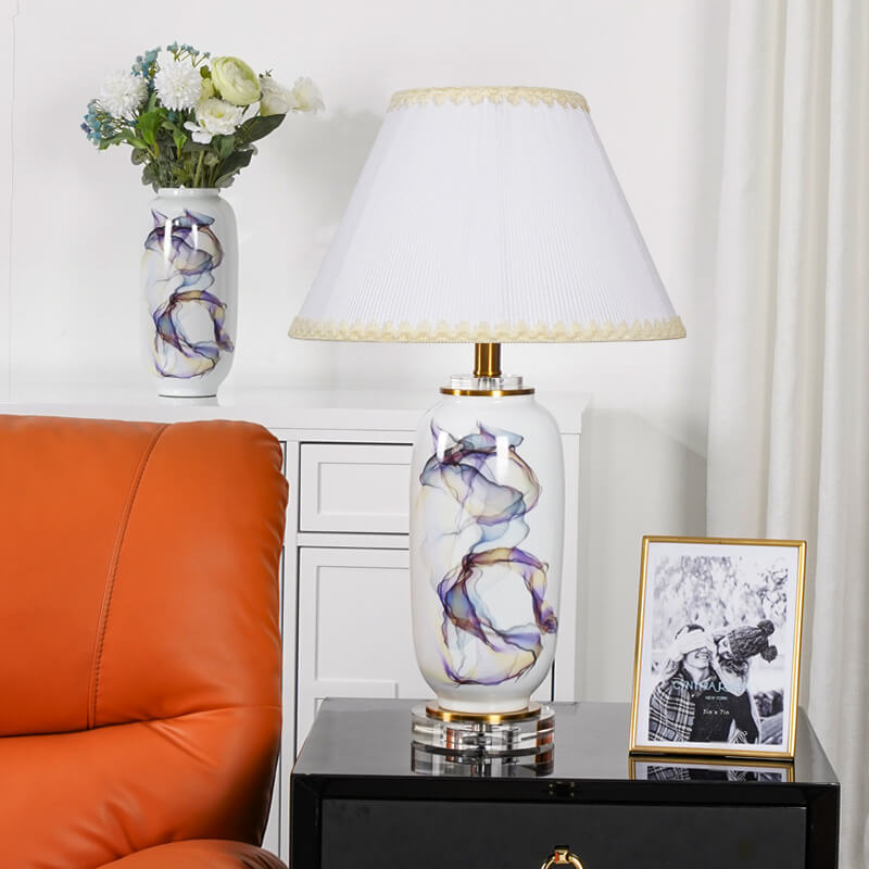 Modern Chinese Ink Ceramic Column Pleated Fabric 1-Light Table Lamp