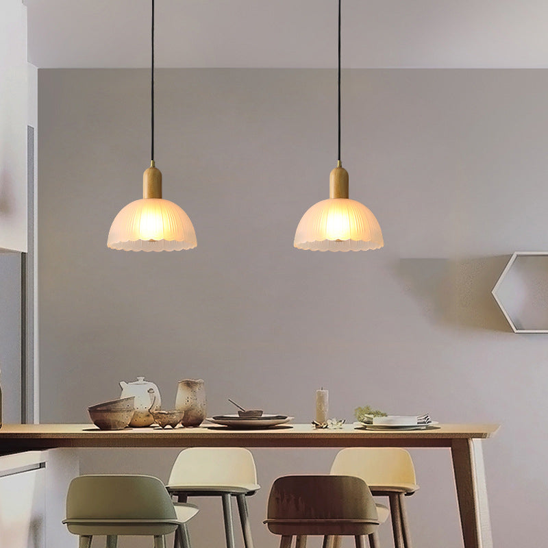 Traditional Japanese Wood Brass Glass Hemispheroid Flower 1-Light Pendant Light For Dining Room