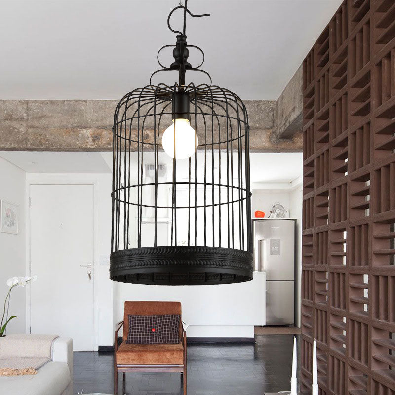 Traditional Farmhouse Cage Iron Glass 1-Light Pendant Light For Living Room