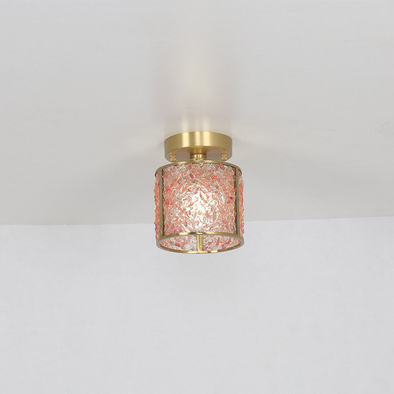 European Light Luxury Pink Crystal Cylinder Copper 1-Light Semi-Flush Mount Ceiling Light