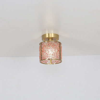 European Light Luxury Pink Crystal Cylinder Copper 1-Light Semi-Flush Mount Ceiling Light