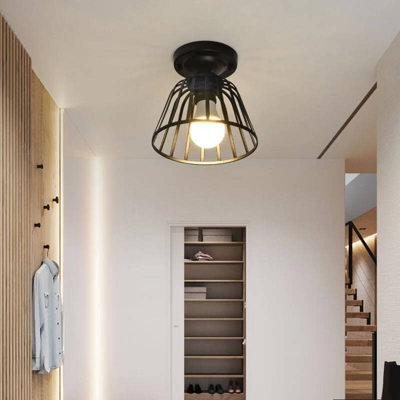 Vintage Iron Cone Cage 1-Light Semi-Flush Mount Ceiling Light