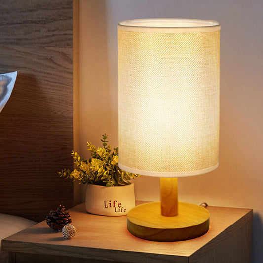 Minimalist Vintage Fabric Cylinder Wood Base LED Table Lamp