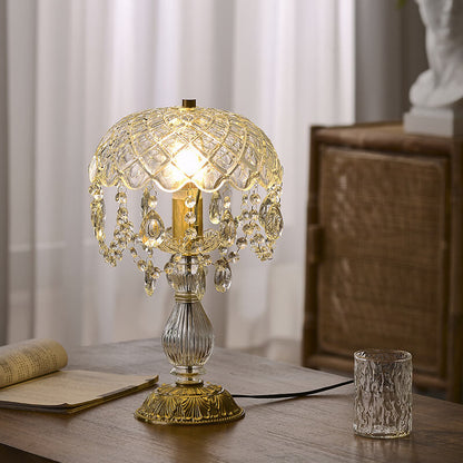 French Luxury Clear Crystal Round Tassel Copper 1-Light Table Lamp