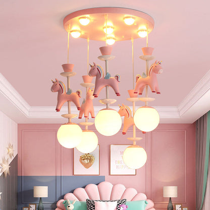 Modern Art Deco Kids Iron Resin Glass Round Base Ball Horse 1/3/5 Light Flush Mount Ceiling Light For Bedroom