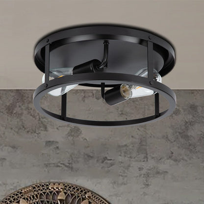 Industrial Vintage Iron Round Drum Hollow 2-Light Flush Mount Ceiling Light